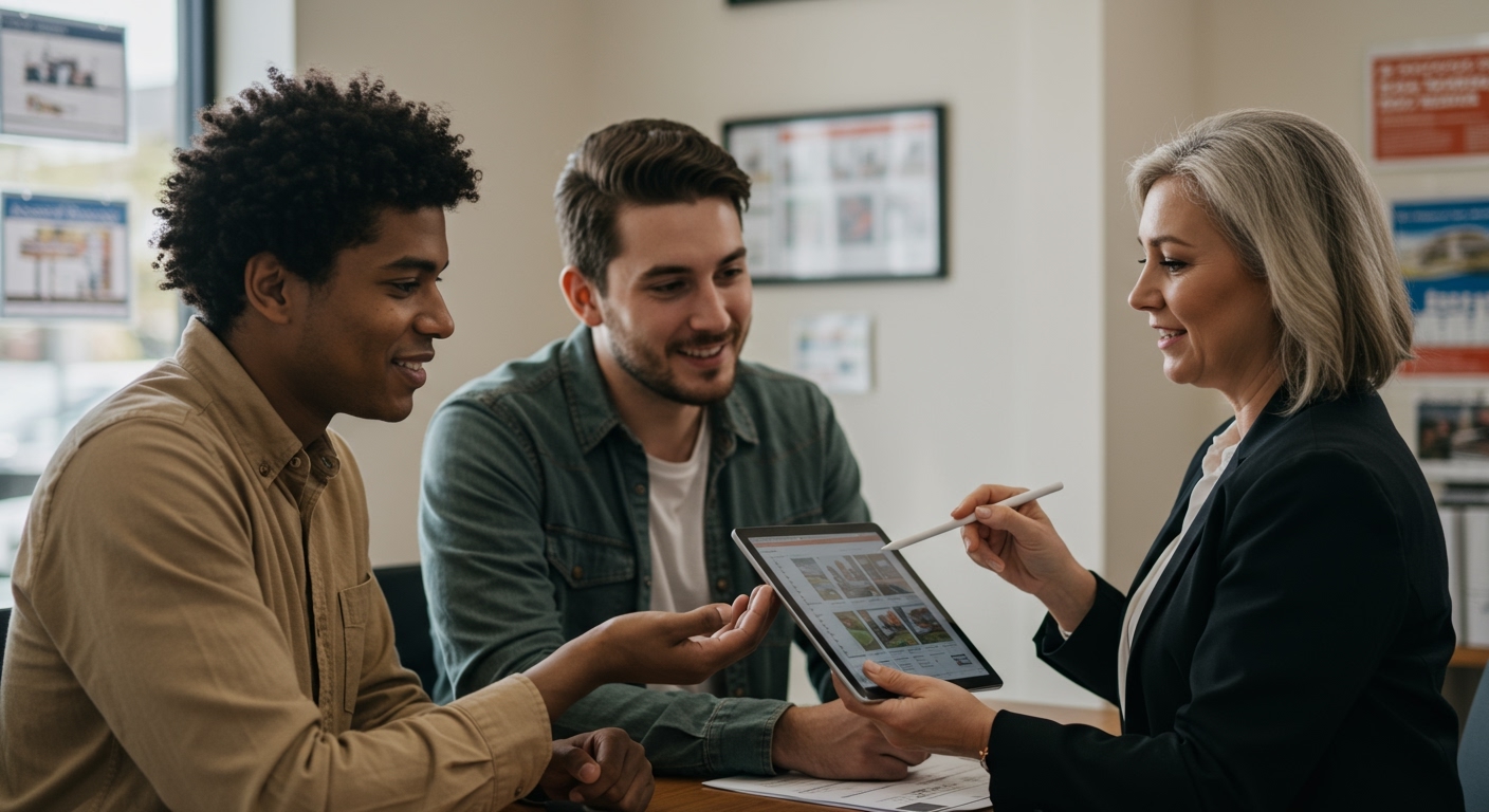 Real estate agent discussing affordable housing trends with first-time buyers while reviewing home listings on a tablet