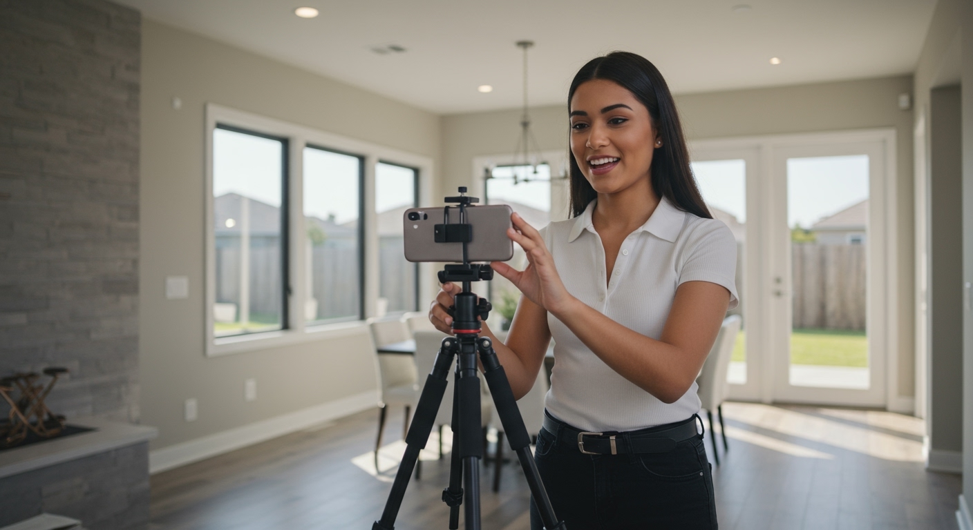 New real estate agent using phone and tripod while applying real estate photography tips