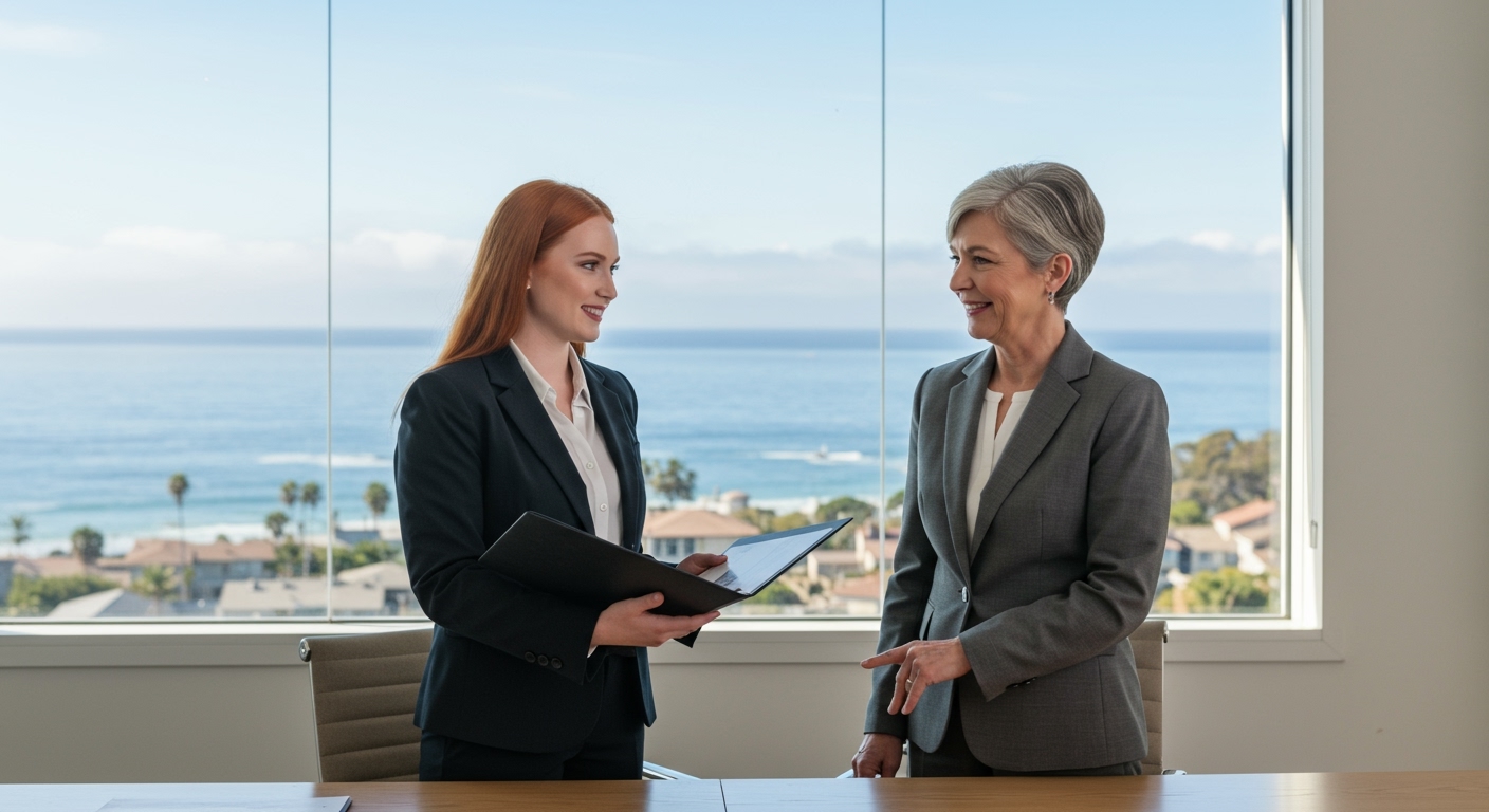 New real estate agent meeting with a sponsoring broker in a California office.