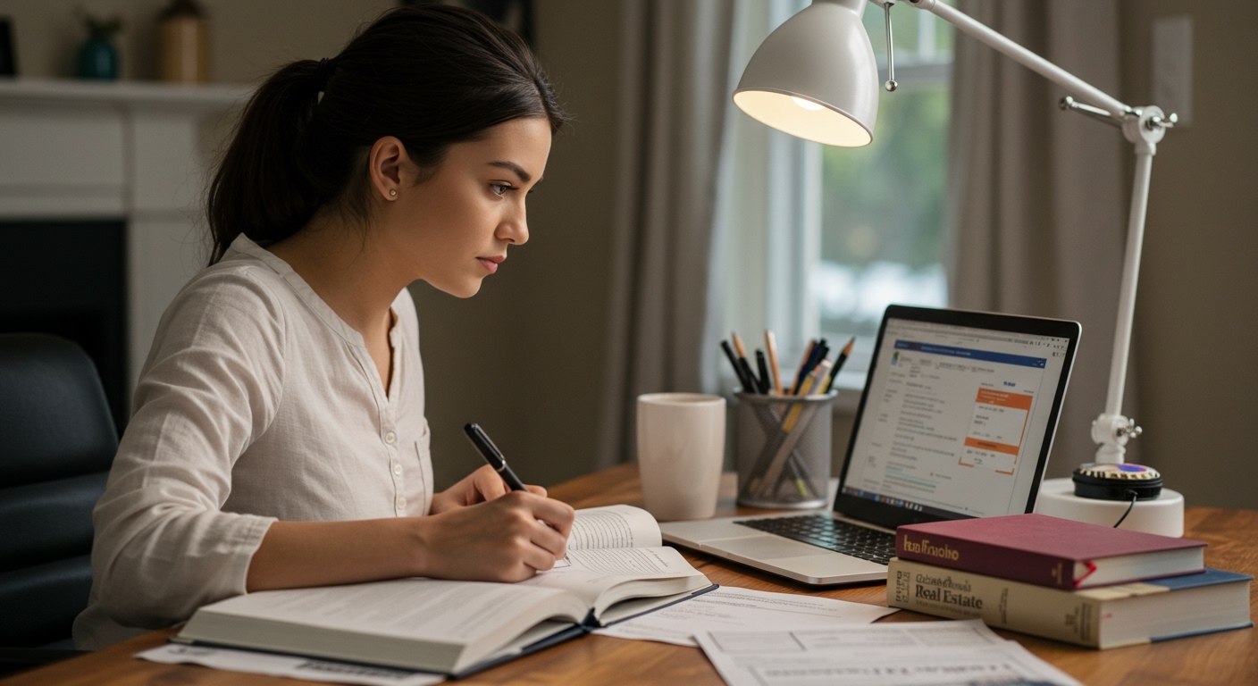 Aspiring California real estate agent studying at desk with laptop and notebook