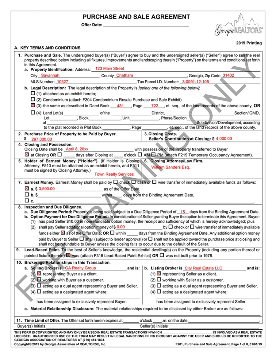 Example of a Purchase and Sale Agreement.