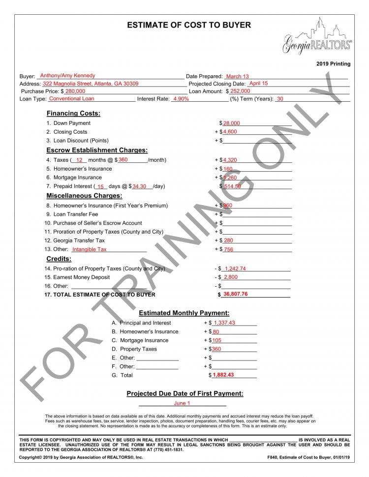 Estimate of Cost to Buyer Example.