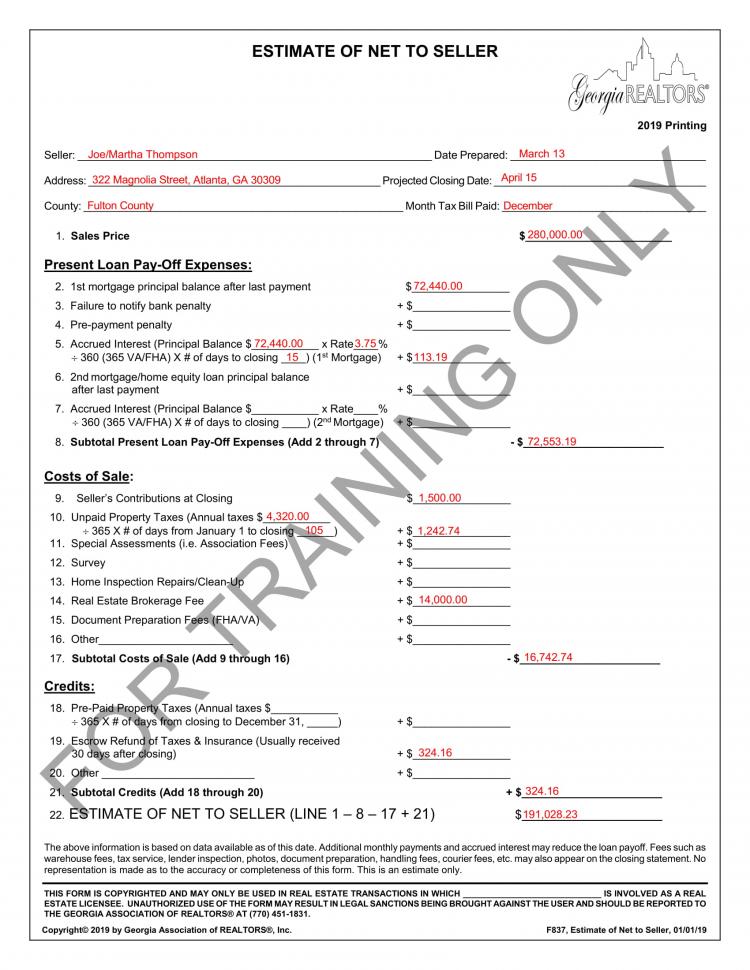 Estimate of Net to Seller Example.