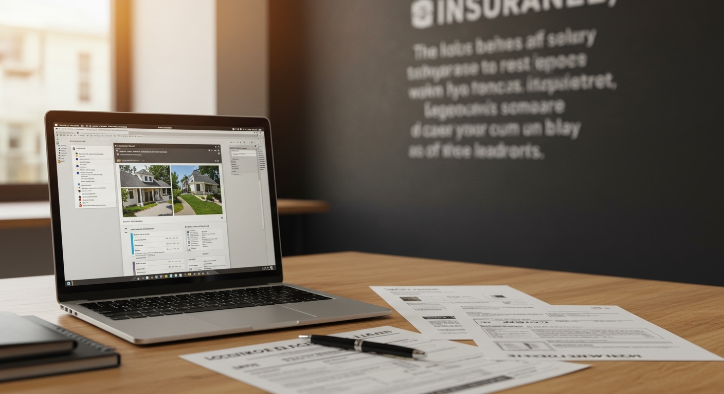 A modern workspace with property listings, a laptop, and insurance documents, representing the path to Get Licensed in Both Real Estate and Insurance