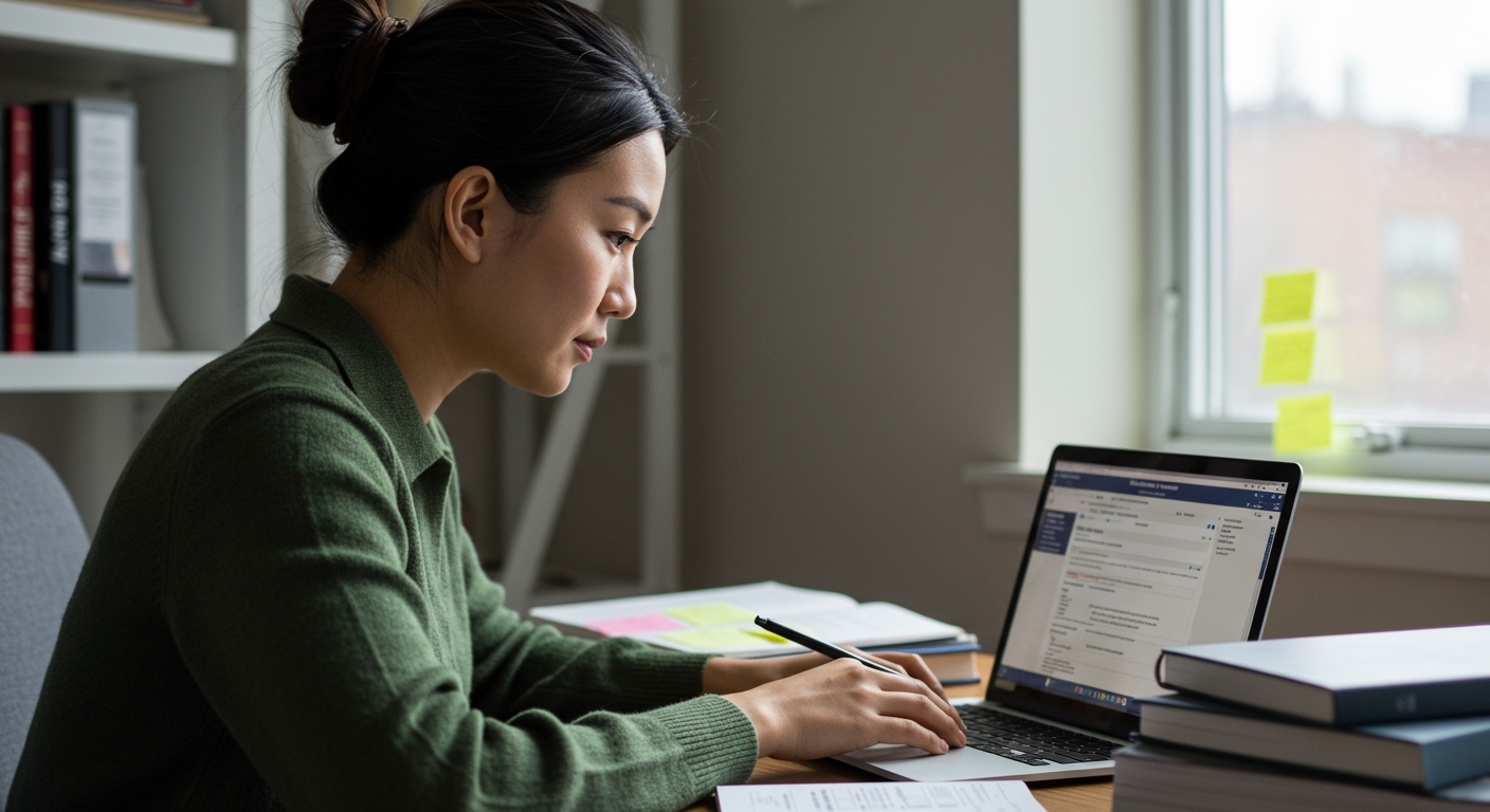 A focused adult learner using a laptop to prepare for insurance licensing, illustrating how to get a ny insurance license without a college degree
