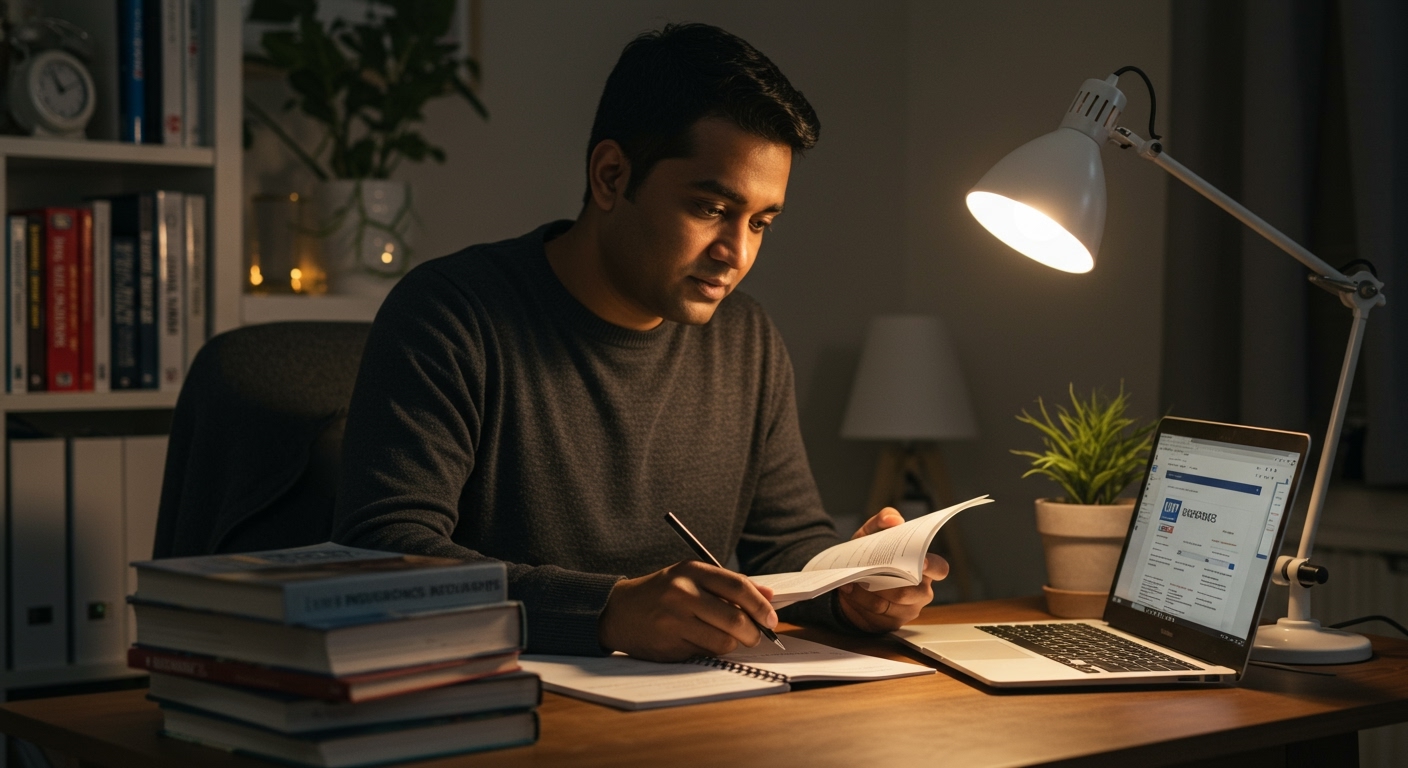A working professional studying insurance materials at home, showing how to get a NY insurance license without a college degree