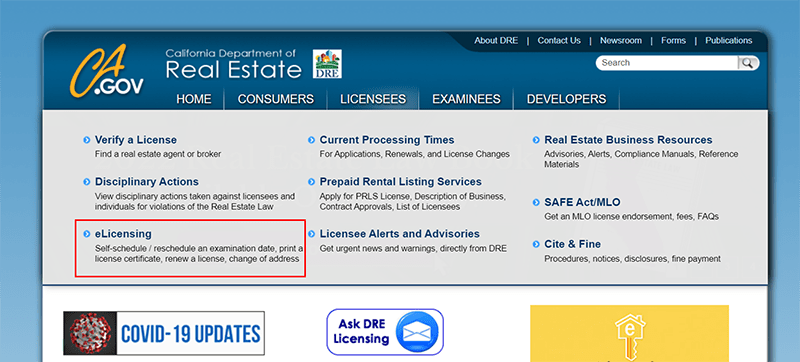 Home Page of the DRE website with the eLicensing link highlighted.