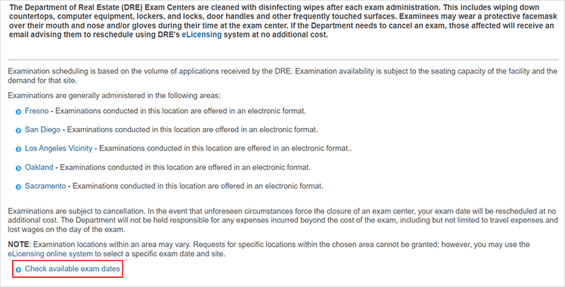 DRE website page with the Check available exam dates link highlighted.