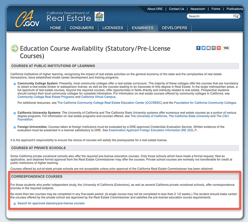 California Real Estate License mandatory completion time example of 2.5 weeks per course as shown on the CA DRE website.