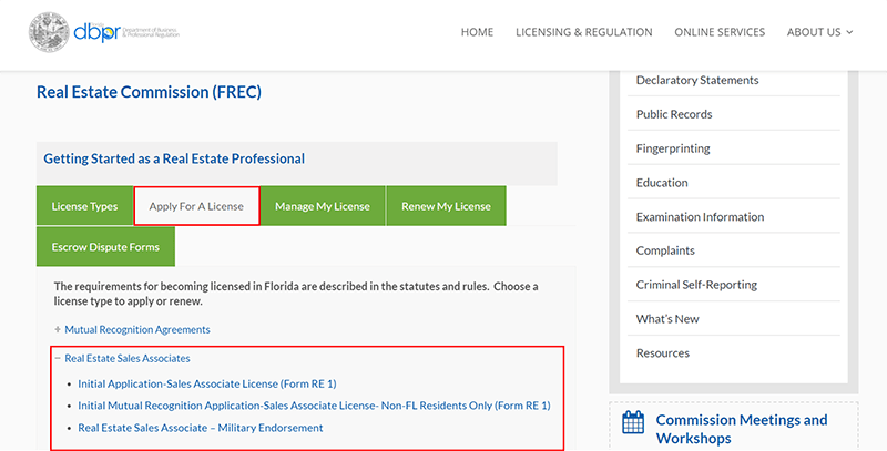  Information about getting started as a real estate professional in Florida, with the Apply for a License tab selected.