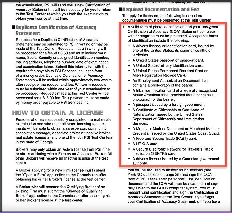 Documents needed to apply for a real estate license in Georgia.