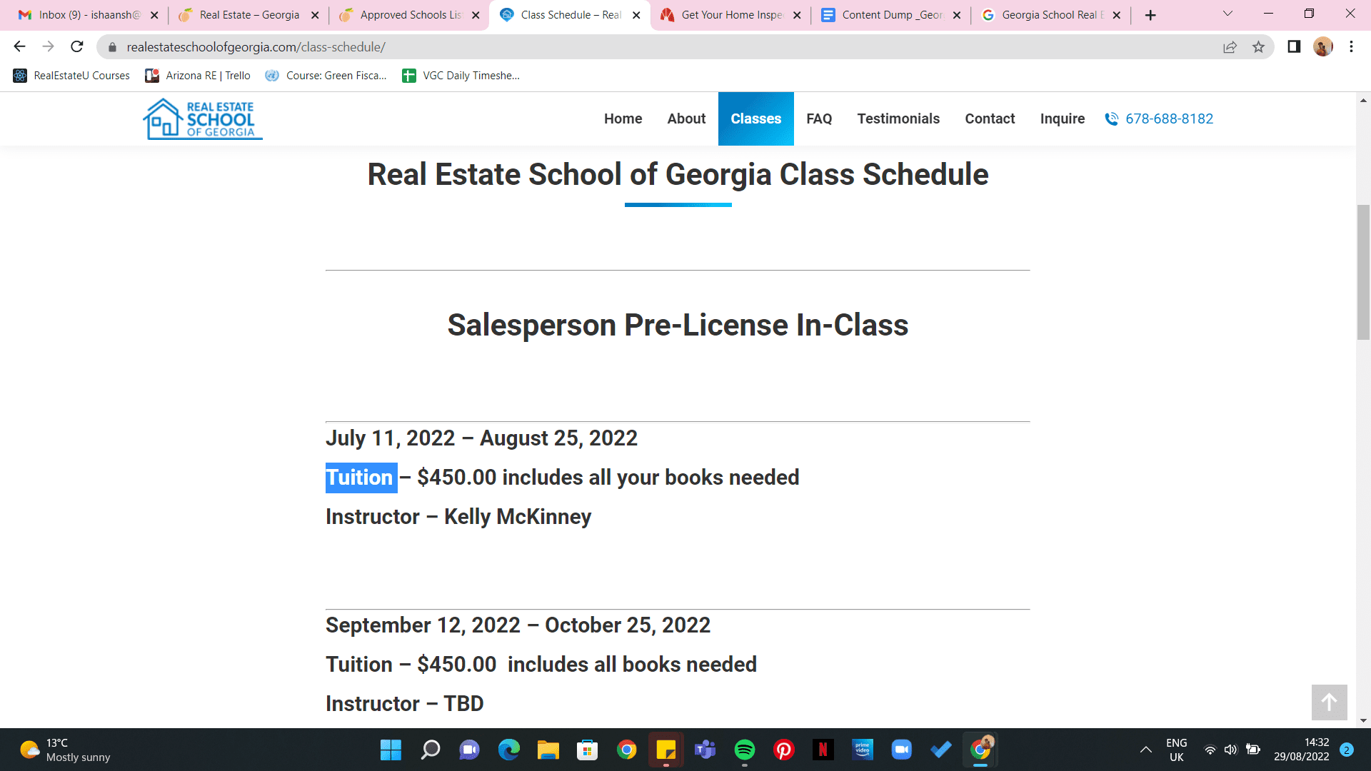 Advertisement for the Salesperson Prelicense In-Class course from Real Estate School of Georgia.