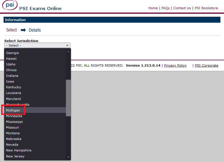 Selecting Michigan as the jurisdiction for the exam location on the PSI Website