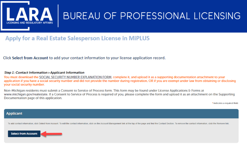 Selecting personal account registered with the Michigan Licensing and Regulatory Affairs.