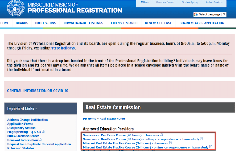 Pre-exam and MREP courses on The Missouri Real Estate Commission page.