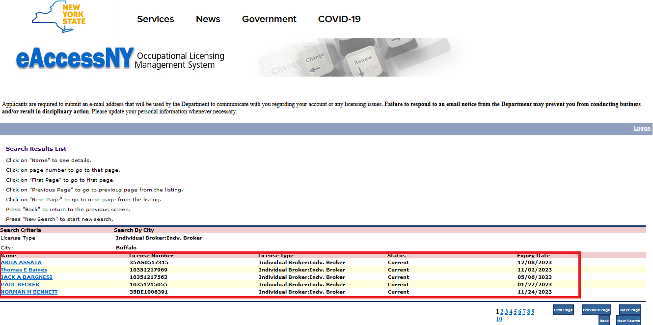 Brokers registered by the Department of State, New York website.