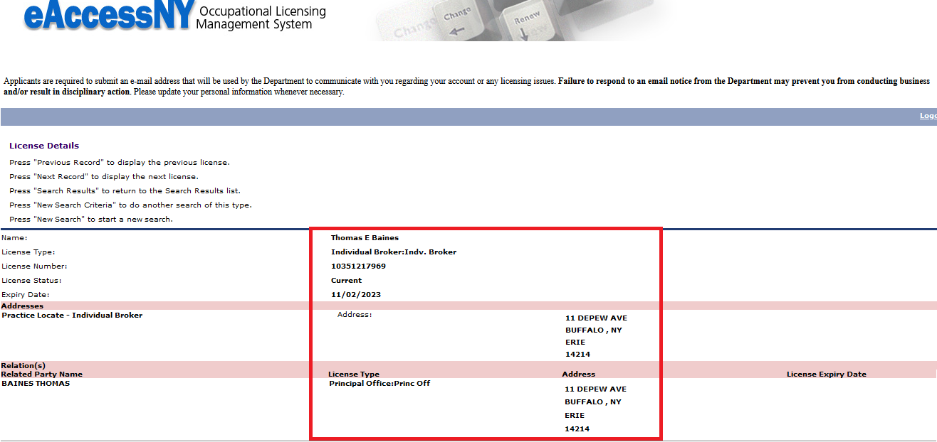 Broker information registered with the Department of State, New York.