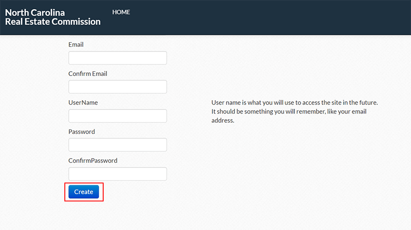 North Carolina Real Estate Commission login page
