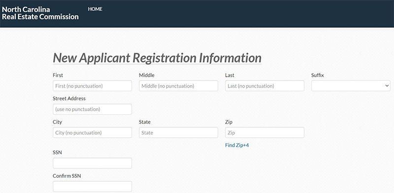 New Applicant for NC Real Estate License Registration Information page.