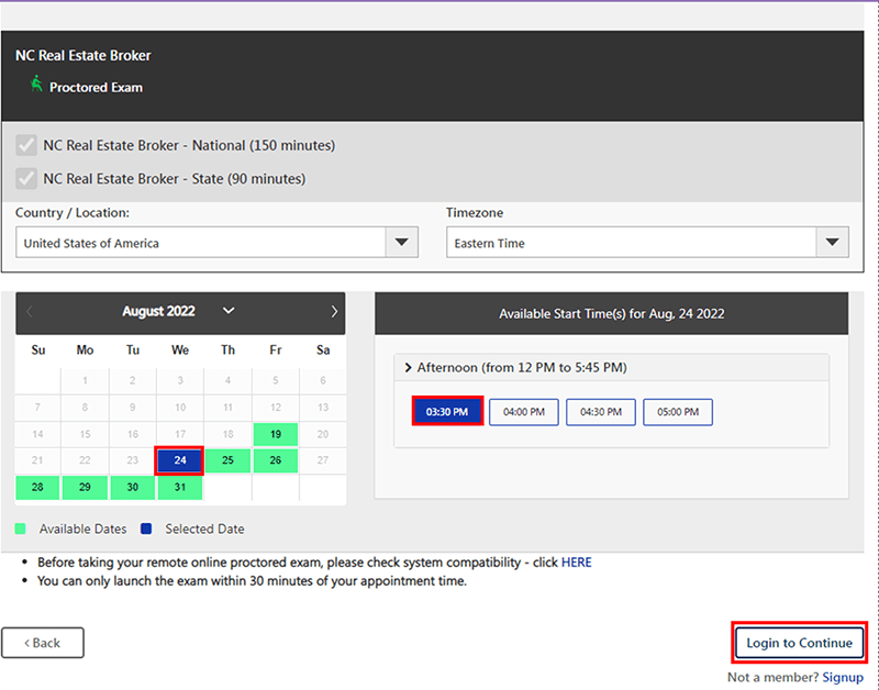 Pick a date and time of your Real Estate License Exam in North Carolina