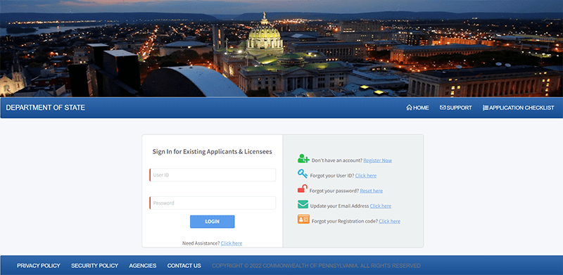 The PA Licensing System (PALS) Login page.