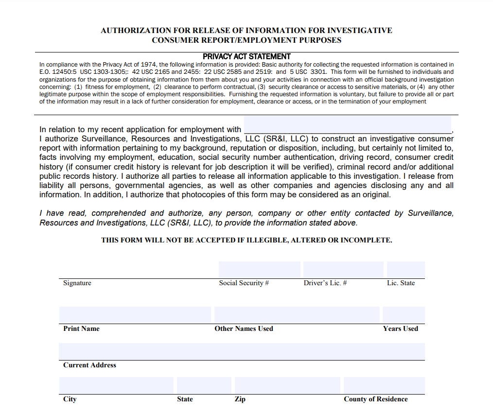 SR&I website showing authorization form.