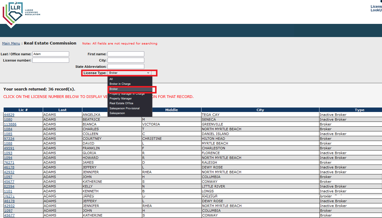 The LLR website page showing registered brokers in South Carolina and other states.