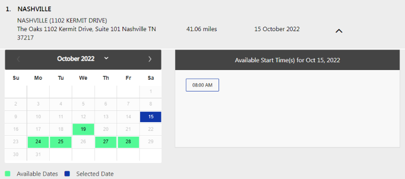 The options to select your preferred exam date and time.