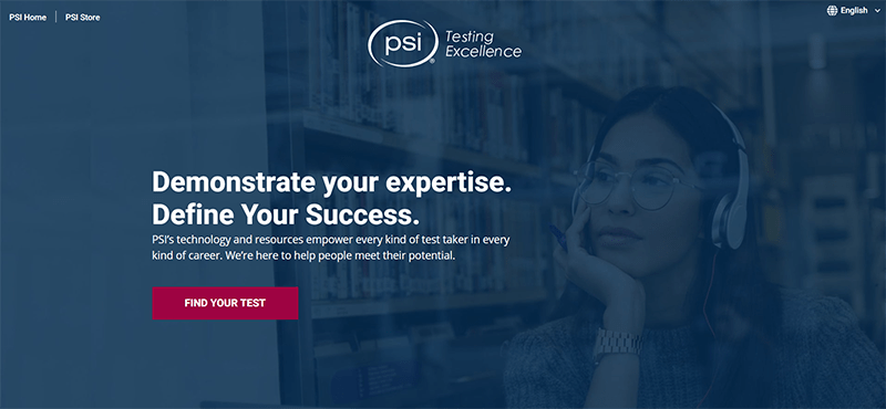 The PSI Testing Center website showing the ‘Find Your Test’ red button.