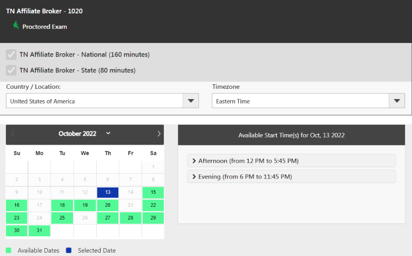 Entering country and timezone with options to select your preferred exam date.