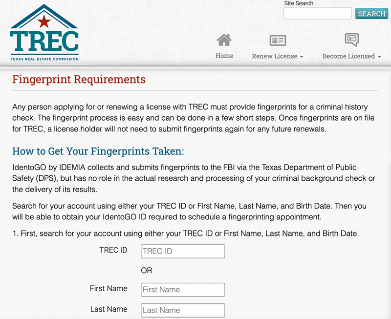 TREC information on how to get your fingerprints taken before applying for a TX real estate license.