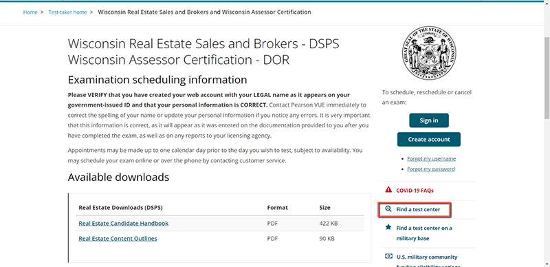 Pearson Vue website ‘Find a test center’ tab.