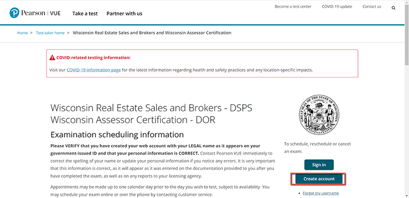 Pearson Vue website page to create an account to schedule the Wisconsin real estate exam.