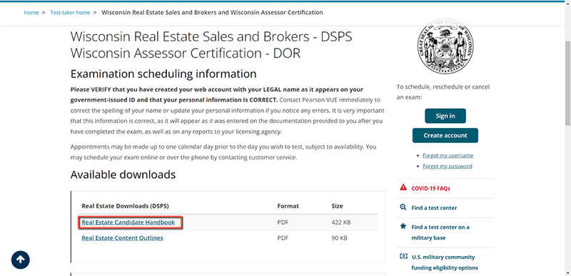 Pearson Vue website to download the Real Estate Candidate Handbook.