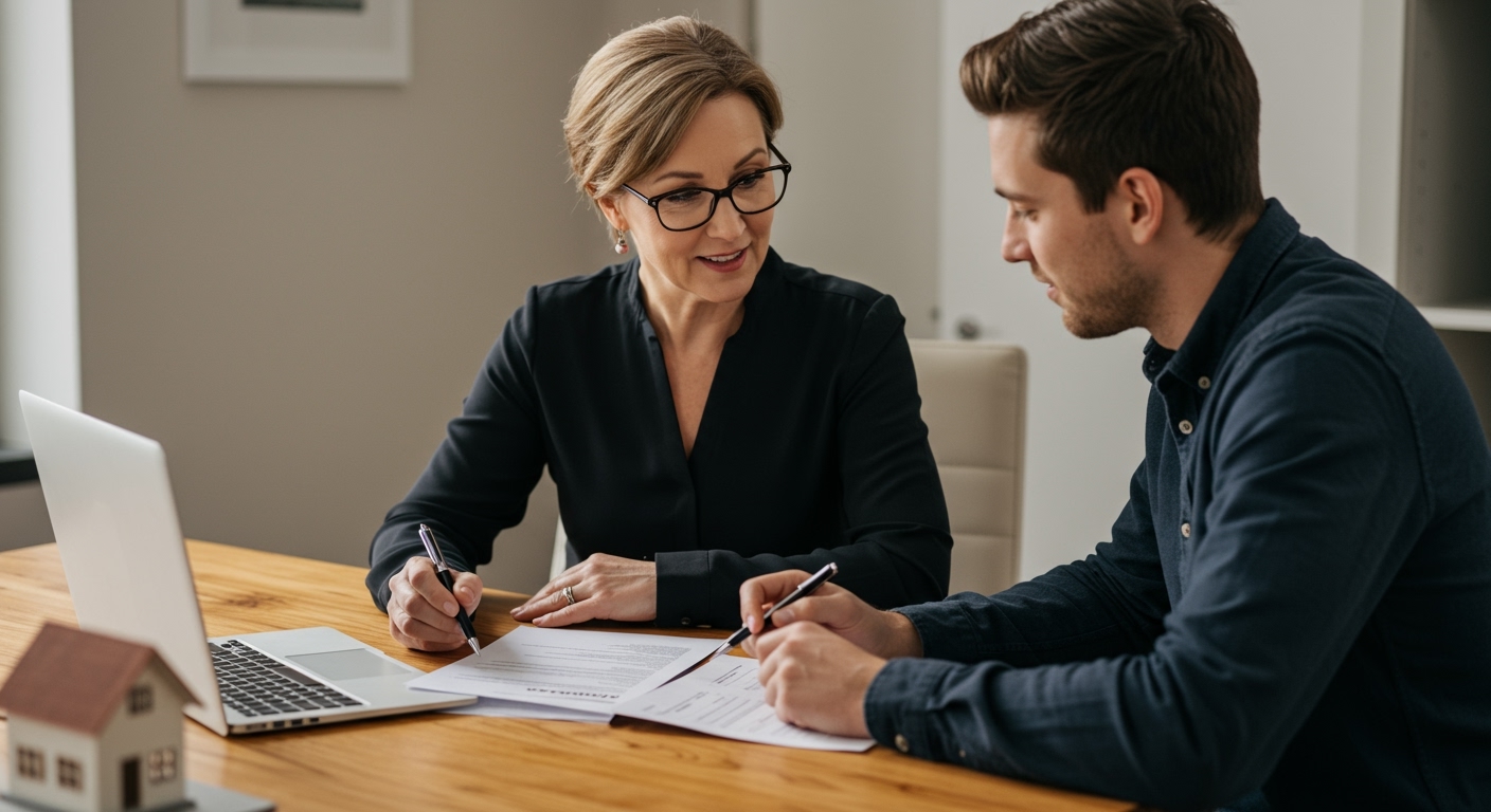 Two professionals reviewing documents at a table with a laptop during an MLO License California discussion.