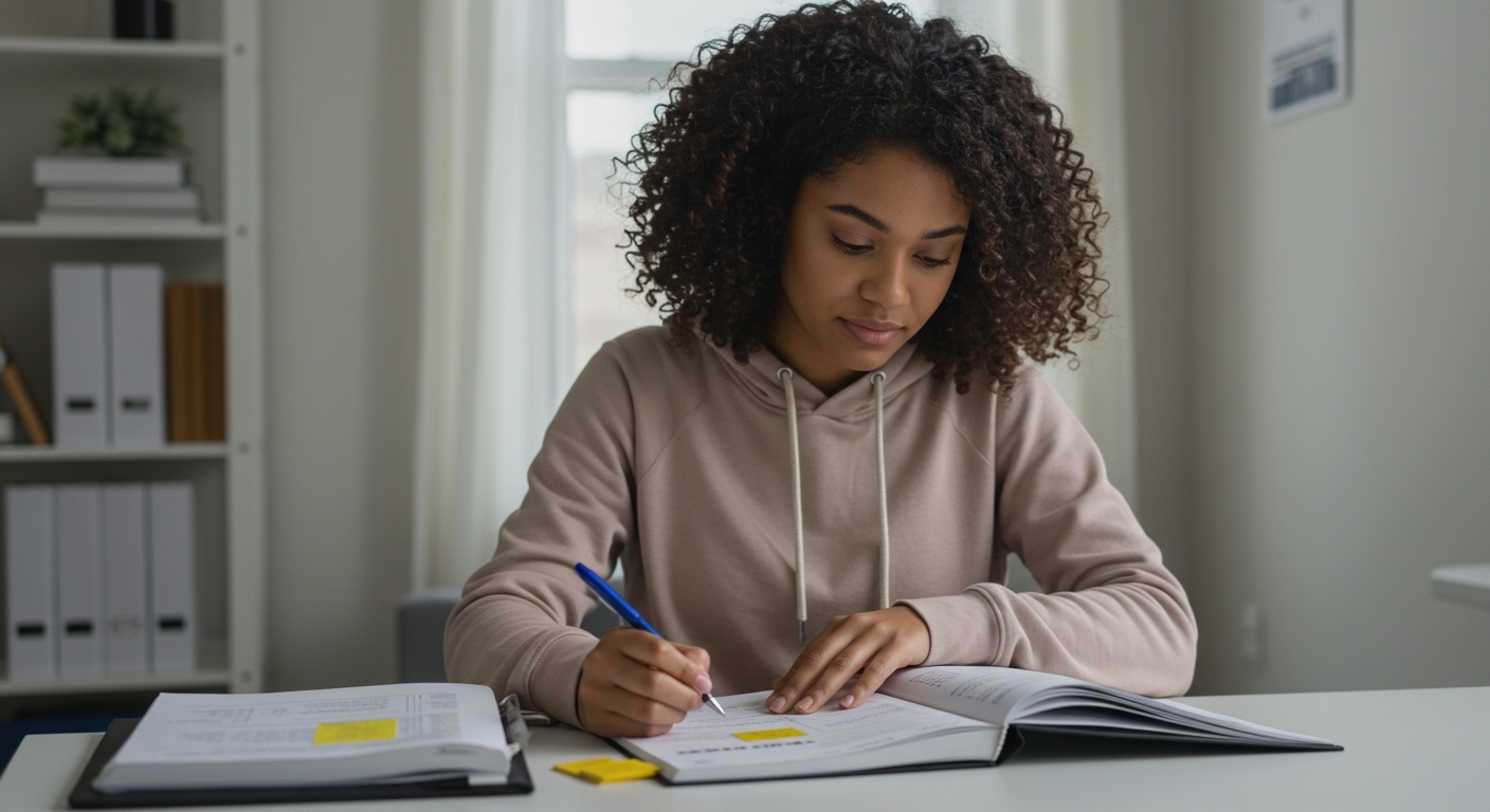 Student using flashcards and notes while learning how to pass real estate exam on first try