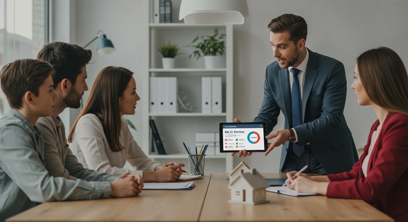 Real estate professional consulting a family about home loans while adding MLO services to their offerings.