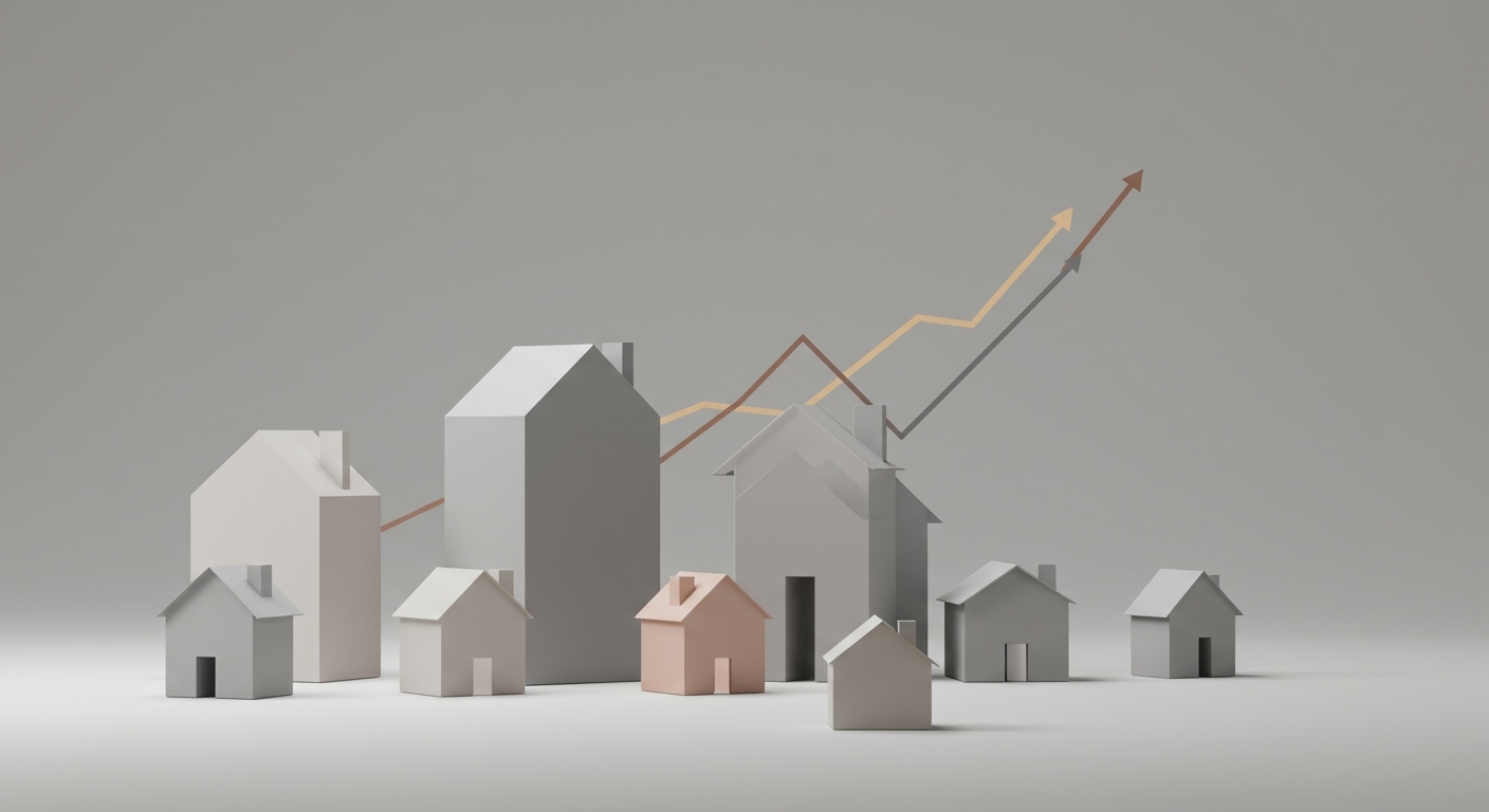 Minimalist housing market scene symbolizing real estate market trends 2026, including changing rates and inventory levels