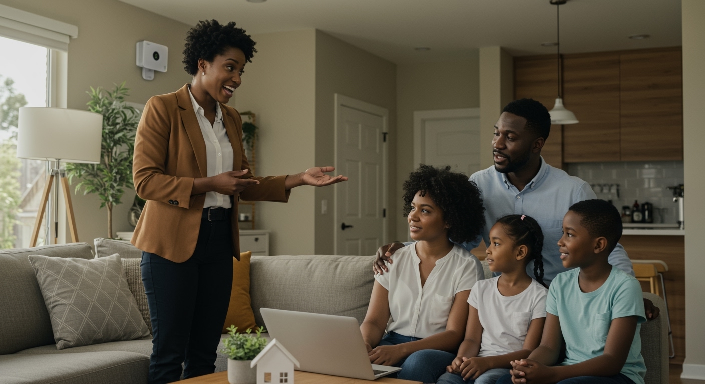 Real estate agent showing a family a certified green home, emphasizing the importance of Sustainable Housing Trends for buyers.