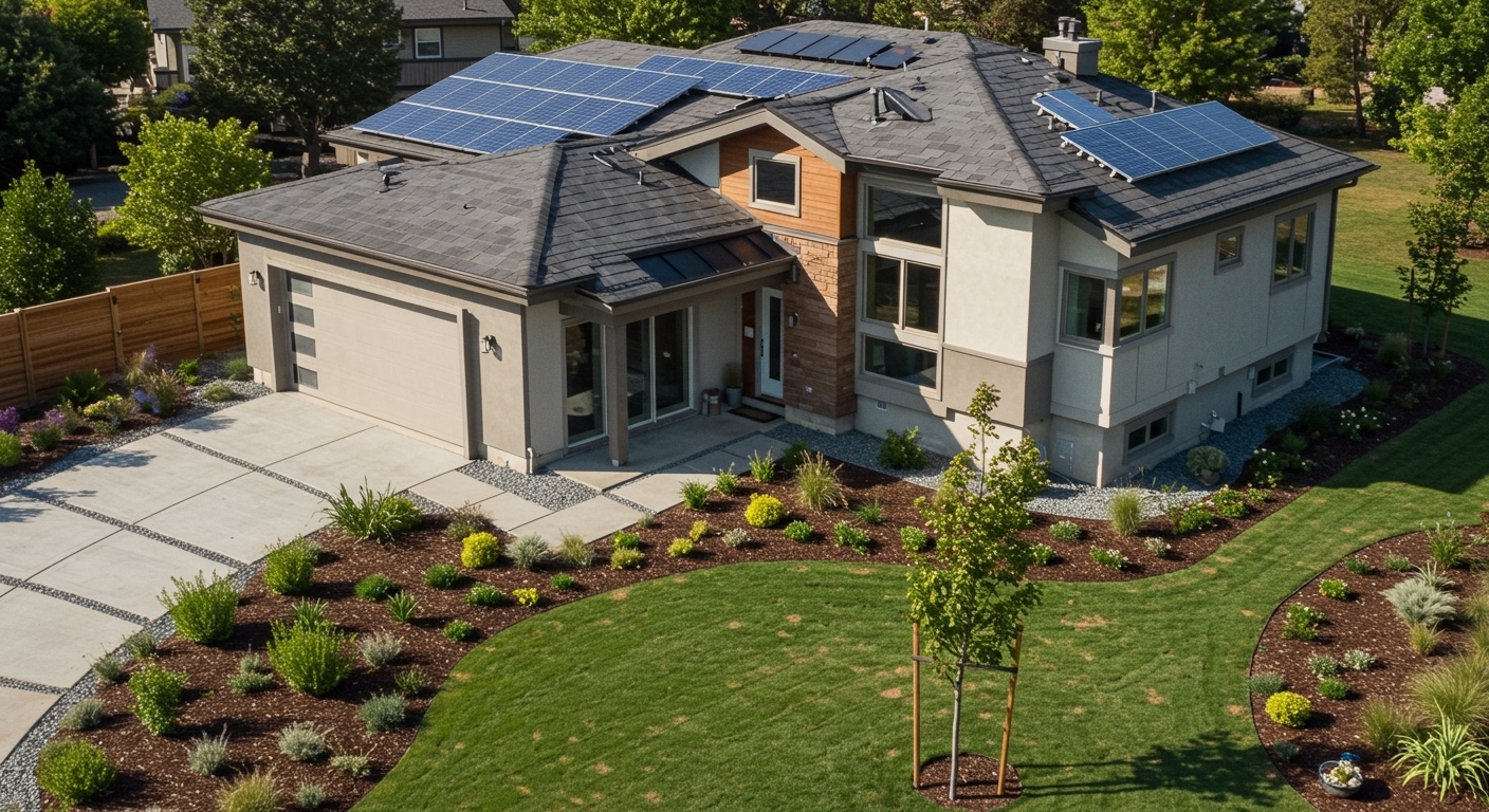 Modern eco-friendly home with solar panels and green landscaping, highlighting energy-efficient design.